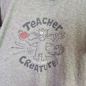 Life Is Good Womens Large Grey Graphic Tee Teacher Creature School Globe